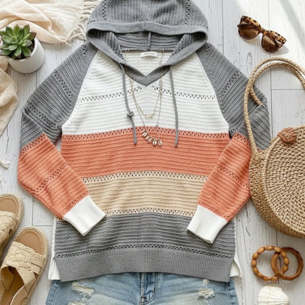 Cloudwalk Color Block Crochet Knit Hoodie